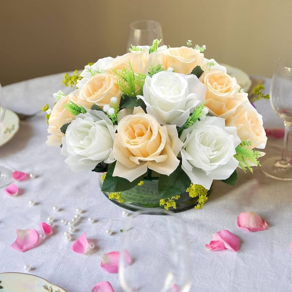 Silk Flowers Rose Centerpiece Peach White Flowerball Set, Wedding, Party